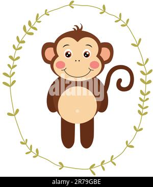 Singe mignon à l'intérieur d'une bordure de feuilles ovales Banque D'Images