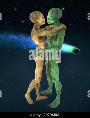 Extraterrestres amour, 3D illustration. Un couple d'étrangers humanoïdes s'embrassant sur un fond d'espace Banque D'Images