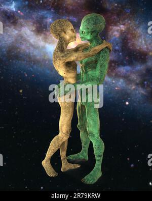 Extraterrestres amour, 3D illustration. Un couple d'étrangers humanoïdes s'embrassant sur un fond d'espace Banque D'Images