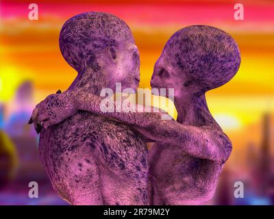 Extraterrestres amour, 3D illustration. Un couple d'étrangers humanoïdes s'embrassant sur un fond d'espace Banque D'Images
