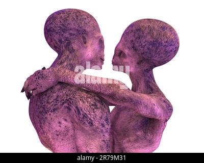 Extraterrestres amour, 3D illustration. Un couple d'étrangers humanoïdes s'embrassant Banque D'Images