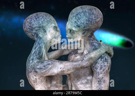 Extraterrestres amour, 3D illustration. Un couple d'étrangers humanoïdes s'embrassant sur un fond d'espace Banque D'Images
