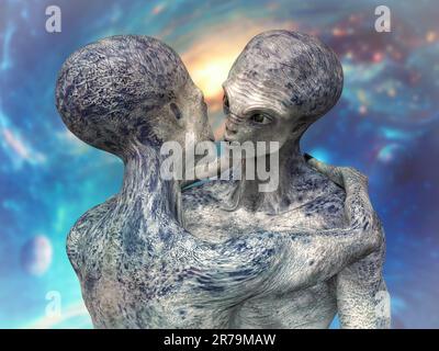 Extraterrestres amour, 3D illustration. Un couple d'étrangers humanoïdes s'embrassant sur un fond d'espace Banque D'Images