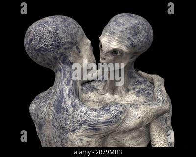 Extraterrestres amour, 3D illustration. Un couple d'étrangers humanoïdes s'embrassant Banque D'Images
