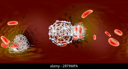 Nanoparticules fullerènes dans le sang, illustration conceptuelle 3D, panorama VR à 360 degrés. Fullerène sont des nanoparticules de carbone, des cages de carbone nanomoléculaires u Banque D'Images