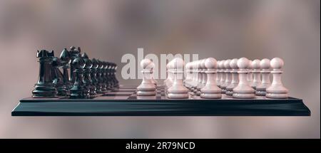 Variante Horde d'échecs, 3D illustration. Une variante d'échecs asymétrique avec un côté ayant des pièces standard, et l'autre côté ayant 36 pions. Horde c Banque D'Images