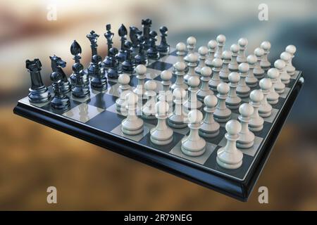 Variante Horde d'échecs, 3D illustration. Une variante d'échecs asymétrique avec un côté ayant des pièces standard, et l'autre côté ayant 36 pions. Horde c Banque D'Images