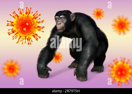 Singe chimpanzé entouré de virus, illustration conceptuelle de 3D. Sensibilisation à la variole du singe. Le VIH, le SIDA, la maladie virale de l'herpès B et d'autres infections trans Banque D'Images