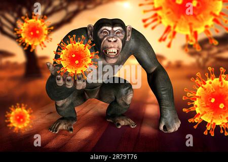 Singe tenant un virus, illustration conceptuelle 3D. Transmission de virus pathogènes des singes aux humains. Le VIH, la variole du singe, le virus de l'herpès B et l'othe Banque D'Images