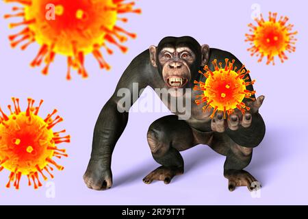 Singe tenant un virus, illustration conceptuelle 3D. Transmission de virus pathogènes des singes aux humains. Le VIH, la variole du singe, le virus de l'herpès B et l'othe Banque D'Images