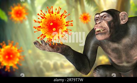 Singe tenant un virus, illustration conceptuelle 3D. Transmission de virus pathogènes des singes aux humains. Le VIH, la variole du singe, le virus de l'herpès B et l'othe Banque D'Images