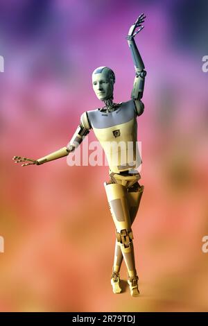 Robot danseur de ballet, 3D illustration. Robot humanoïde dansant. Android, humanoid, cyborg concept d'intelligence artificielle. Technologie futuriste et science-fiction Banque D'Images