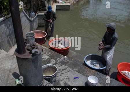 14 juin 2023, Srinagar, Jammu-et-Cachemire, Inde: Washermen lave les châles brodés de Kashmiri à côté de la rive de Jhelum, localement appelé 'Ghat, ' à Srinagar. (Credit image: © Adil Abbas/ZUMA Press Wire) USAGE ÉDITORIAL SEULEMENT! Non destiné À un usage commercial ! Banque D'Images