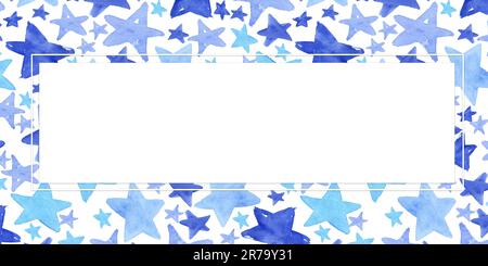 Cadre rectangulaire d'étoiles aquarelles bleues et bleues. Illustration aquarelle, dessinée à la main et isolée sur fond blanc. carte postale, affiche Banque D'Images