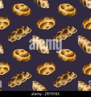 Délicieux aquarelle pain challah aquarelle motif sans couture sur fond violet foncé avec mocassins tressés juifs Banque D'Images