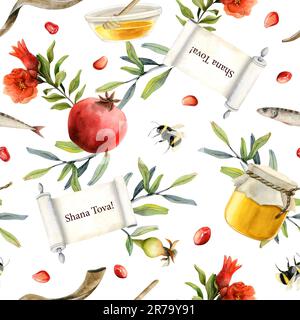 Shana Tova aquarelle sans couture motif sur blanc pour Rosh Hashanah juif nouvel an emballage cadeau avec rouleau, salutations Banque D'Images