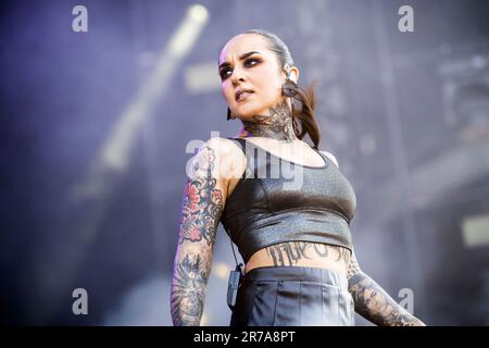 Solvesborg, Suède. 07th, juin 2023. Le groupe ukrainien de métaux lourds Jinjer donne un concert en direct pendant le festival de musique suédois Festival de rock de Suède 2023 à Solvesborg. Ici, la chanteuse Tatiana Shmailyuk est vue en direct sur scène. (Crédit photo: Gonzales photo - Terje Dokken). Banque D'Images