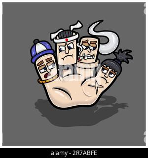 Personnage de dessin animé quatre visages mignons à la main. Les rappeurs. Taekwondo, Smoker et Samurai. Avec des dégradés simples. Vecteurs et illustrations Illustration de Vecteur