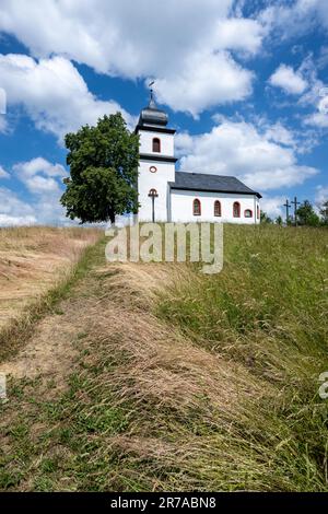 14 juin 2023, Saxe, Heinersgrün : la chapelle Saint-Laurent Clara dans le Vogtland se dresse sur une colline. L'ancienne église de pèlerinage a été construite au 12th/13th siècle et mentionnée pour la première fois dans un document en 1529. La région située dans le triangle frontalier de Saxe, Thuringe, Bavière offre de nombreuses attractions touristiques. Photo: Hendrik Schmidt/dpa Banque D'Images