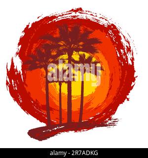 Soleil et palmiers dans le style grunge. Fond africain avec coucher de soleil tropical. Banque D'Images