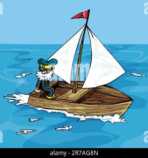 Dessin animé de l'homme naviguant dans un petit bateau. Il a une barbe et un chapeau de capitaine Illustration de Vecteur