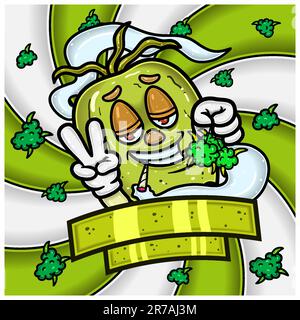 Coconut fruit Flavor Mascot Character Cartoon avec Weed Bud Packaging Design. Pour étiquette, emballage, produit, couverture et marquage. Vecteurs Illustration de Vecteur