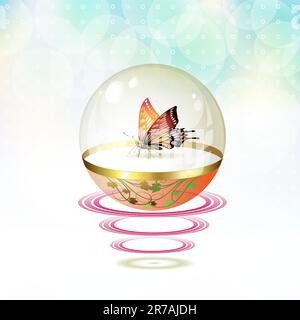 Papillon isolé dans un globe de verre suspendu avec des vagues Illustration de Vecteur