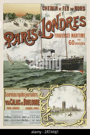 Chemin de fer du Nord. Paris à Londres traversée maritime en 60 minutes par Henri Gray (1858-1924). Affiche publiée en 1890 en France. Banque D'Images