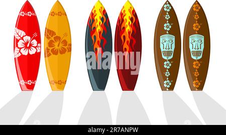 Ensemble de planches de surf vectorielles avec motifs hawaïens et flammes Illustration de Vecteur