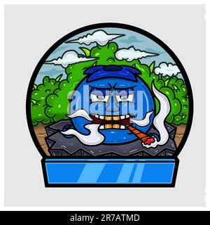 Caricature de personnage de Blueberry faire fumer dans la jungle. Logo de signe et de cercle vierge. Vecteurs et illustrations. Illustration de Vecteur