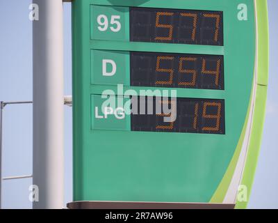 Tableau des prix des stations-service hongroises affichant les prix de l'essence à indice d'octane de 95, du carburant diesel et du gaz GPL en forints hongrois. Banque D'Images