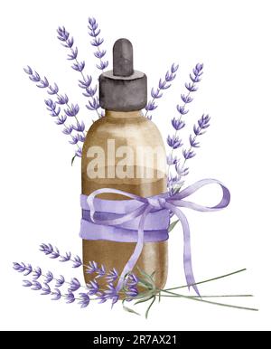 Huile essentielle de lavande. Illustration de l'aquarelle dessinée à la main d'une bouteille vintage pour l'aromathérapie sur fond blanc isolé. Dessin de vieux lard avec des fleurs pour la médecine cosmétique ou alternative. Banque D'Images