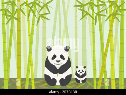 Panda avec cub manger dans une forêt de bambou Illustration de Vecteur