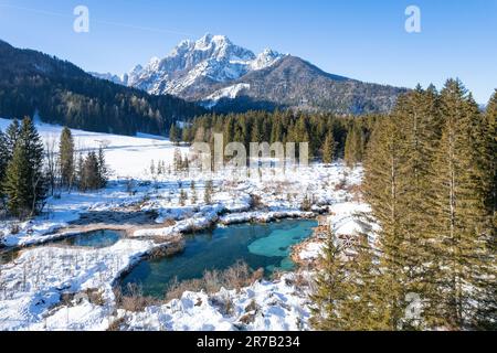 Vue aérienne de la réserve naturelle de Zelenci, située près de Krajnska Gora, Slovénie, Europe. Banque D'Images