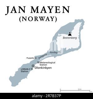 Jan Mayen, carte politique grise. Île volcanique norvégienne dans l'océan Arctique entre le Groenland et la mer de Norvège, partiellement couverte de glaciers. Banque D'Images