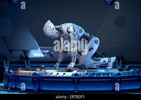 Robot debout en position de départ dans l'intérieur Sci-Fi. 3D illustration Banque D'Images