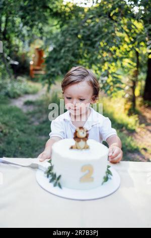 Un tout-petit garçon mignon avec des cheveux ondulés et une chemise blanche est assis à table regarder le gâteau d'anniversaire à l'extérieur. Délicieux tarte festive avec un lion cub et le numéro deux. Litt Banque D'Images