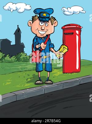 Cartoon postman par une boîte aux lettres sur une rue avec quelques bâtiments dans la distance Illustration de Vecteur