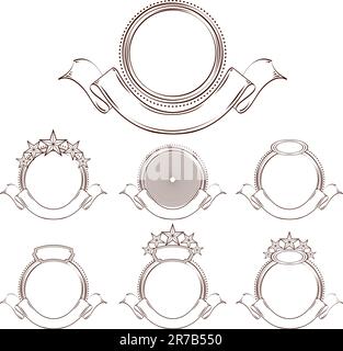 Ensemble d'emblèmes ronds. Entourez des emblèmes avec des rubans, des étoiles et des lieux pour le nom de l'entreprise. Style classique. Versions de contour à une couleur Illustration de Vecteur