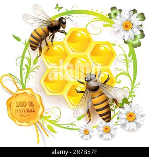 Deux abeilles et des nids d'abeilles sur fond floral isolé sur blanc Illustration de Vecteur