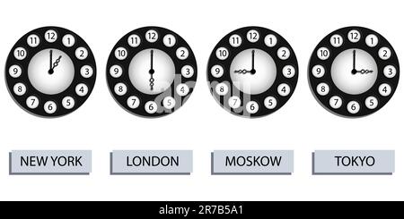 horloges de fuseau horaire pour quatre pays différents sur fond blanc, illustration vectorielle abstraite Illustration de Vecteur