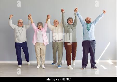 Groupe d'hommes et de femmes retraités âgés heureux et en bonne santé se tenant ensemble et tenant les mains vers le haut Banque D'Images