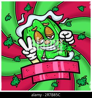 Design d'emballage en forme de bourre de mauvaises herbes avec dessin de personnage de mascotte aux arômes de pastèque. Pour l'étiquetage, l'emballage, le produit, la couverture et le marquage. Vecteurs et illustration Illustration de Vecteur