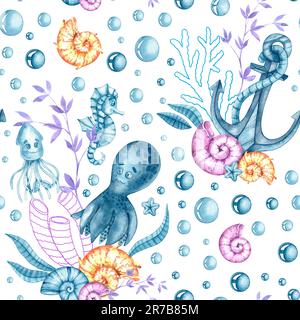 Motif aquarelle pour enfants et vie marine. Motif pour enfants pour tissus, papiers peints, vêtements, textiles, emballages Banque D'Images