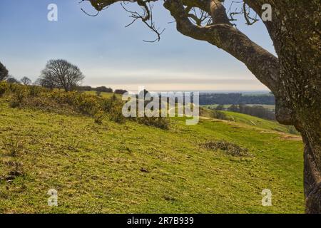 Vue sur la Manche à Worthing dans West Sussex, Angleterre. Depuis Cissbury Ring sur South Downs. Banque D'Images