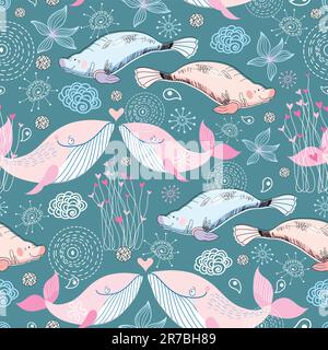 motif sans couture des lamantins et des baleines à la plante sur fond bleu Illustration de Vecteur