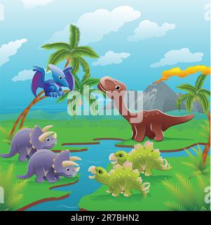 Dinosaures mignons dans la scène préhistorique. Série de trois illustrations pouvant être utilisées séparément ou côte à côte pour former un paysage panoramique. Illustration de Vecteur