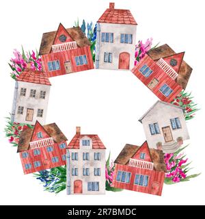 Couronne aquarelle avec de jolies maisons sur fond blanc. Modèle pour une carte postale d'un côté. Clipart architectural pour les couvertures, l'emballage, les étiquettes Banque D'Images