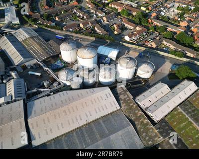 Vue aérienne de l'usine de cidre HP Bulmer ( Bulmers ) de Hereford Herefordshire Royaume-Uni propriété de Heineken photo juin 2023 Banque D'Images