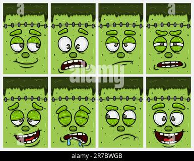 Jeu d'expressions de dessin Frankenstein. Ensemble de conception de couvercle, d'étiquette et d'emballage. Illustration vectorielle. Illustration de Vecteur